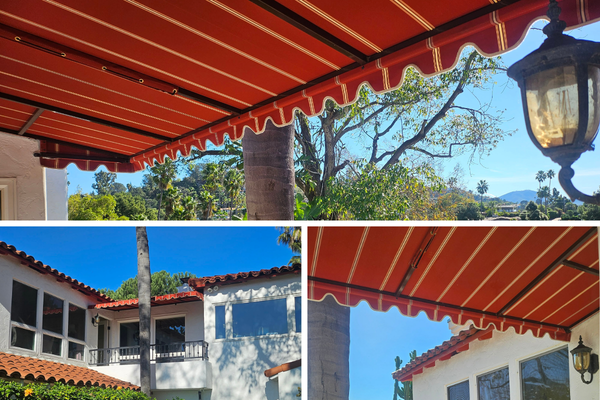 A red-and-white striped awning extends above a patio, with scalloped edges and a vintage outdoor light fixture on the right. The backdrop features lush green trees and distant mountains beneath a clear blue sky. Two additional perspectives show the white stucco home with red terracotta roof tiles, emphasizing the awning's design and its integration with the building's Spanish-style architecture.
