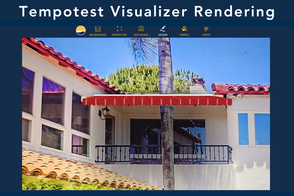 A Spanish-style house with red tiles and white walls has a striped awning over a balcony. A palm tree stands in front against a blue sky. Text at the top reads "Tempotest Visualizer Rendering."
